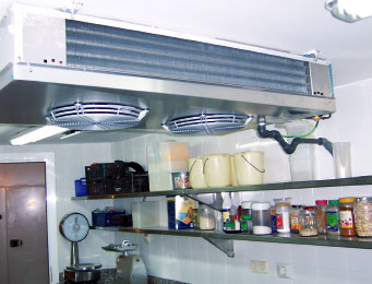 Ceiling type evaporator with low speed fans in a workshop